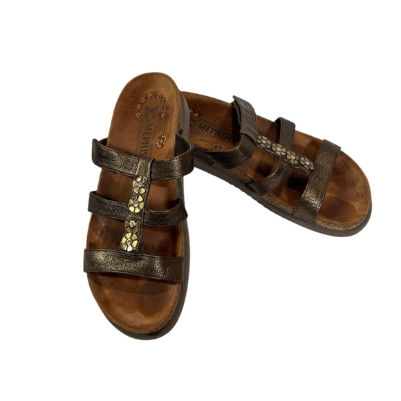 Mephisto Bronze 3 Strap Leather Slide Sandals Womens Sz 37 US 7 Comfort Walking - Picture 1 of 15